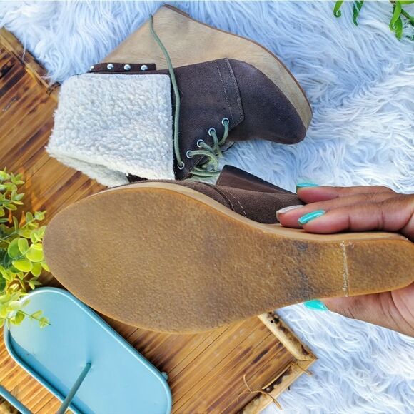 Naughty Monkey Taupe Suede Round Toe  Leather Fleece Foldover Wedge Heel Boots - Picture 3 of 12